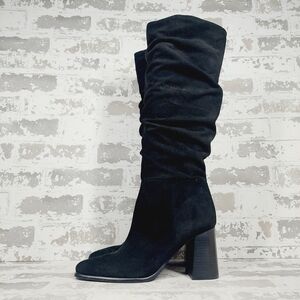 New Nine West Domaey Black Suede Ruched Block Heel Knee High Boots i266